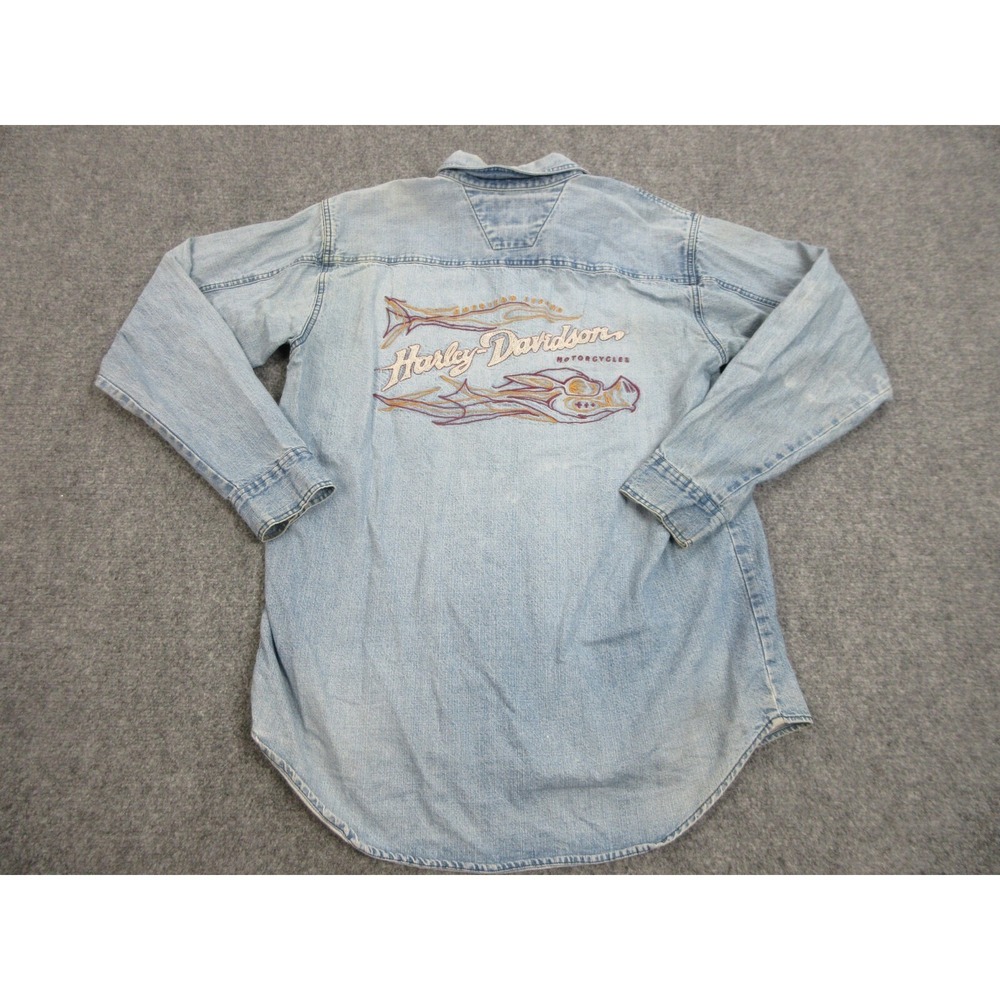 Harley Davidson Shirt Mens Large Blue Denim‎ Button Up Motorcycle Biker Pig